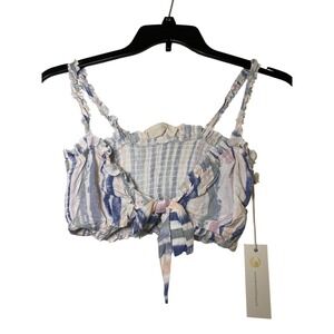 Ocean Drive Womens‎ Striped Tie Front Smocked Crop Top Blue Pink White B10424 M
